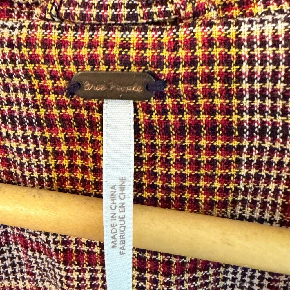 Free People Linen Blend Plaid Oversized Blazer Burgundy Mustard XL OB924115